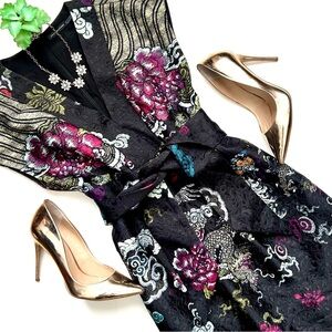 Josie Natori Dragon Jacquard Dress Asian Obi Belt Bow Sash Cap Sleeve Size 6